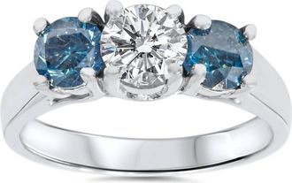 Pompeii3 1 3/4ct Blue & White Diamond Three Stone Engagement 14K White Gold Ring