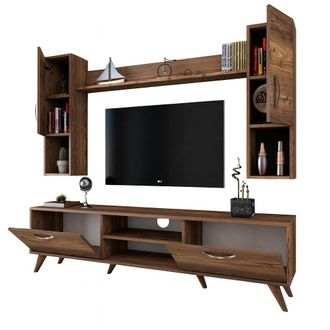 Dmora Pared Modular Tino, Mueble De Sal&oacute;n 9 Estantes, 4 Puertas, Set Combinable, Marr&oacute;n Nogal