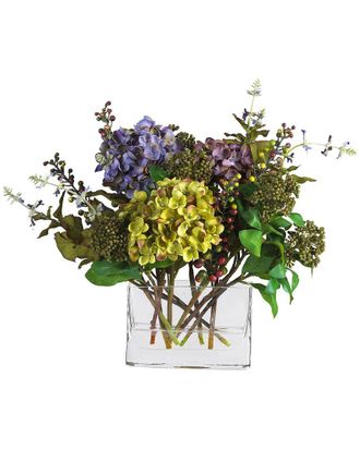 Nearly Natural Mixed Hydrangea With Rectangle Vase Silk Flower Arrangement