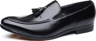 Generic Mens Loafers Tassel Burnished Toe Loafer Shoes Faux Leather Flat Heel Anti-Slip Lightweight Prom Fashion Slip On(Black,6.5 UK)