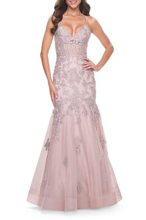 La Femme Mermaid Lace Embellished Gown with Illusion Top in Mauve at Nordstrom, Size 14