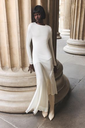 Karen Millen Womens Viscose Blend Slinky Sheer Lace Detail Asymmetric Knit Maxi Dress - Cream - Size X-Small