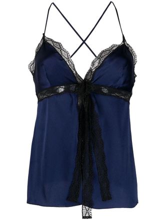 Alberta Ferretti lace-trim detail top - women - Polyamide/Silk/Acetate - 42 - Blue