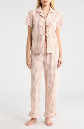 French Connection Gingham Seersucker Pajamas in Tan Combo at Nordstrom, Size X-Large