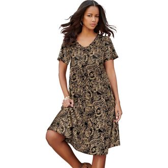 Roaman's Plus Size Short Sleeve Sleeve Swing Dress in Brown Sugar Paisley Print at Nordstrom, Size 40