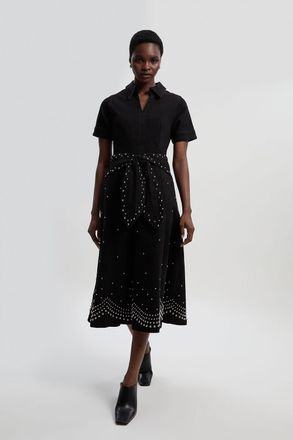 Karen Millen Womens Denim Placed Studs Tie Belted Short Sleeve Full Midi Dress - Black Cotton - Size 12 UK