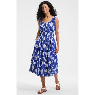 Lands End Sleeveless Poplin Smocked Midi Dress in Vibrant Lapis Tropic Floral at Nordstrom, Size X-Large P