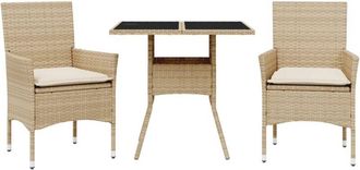 vidaXL Set Comedor Jard&iacute;n 3 Pzas Cojines Rat&aacute;n Sint&eacute;tico Vidrio Beige Vidaxl