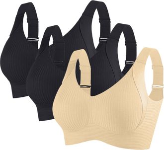 Generic Pack of 3 Sports Bras Women Adjustable Wireless Push Up Bra for Women UK Full Cup Soft Support Ladies Underwear Yoga Gym Everyday Bras Wide Straps Lif