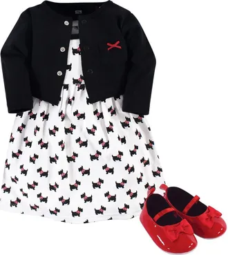 Hudson Baby Cotton Dress, Cardigan and Shoe Set in Scottie Dog at Nordstrom, Size 0-3M