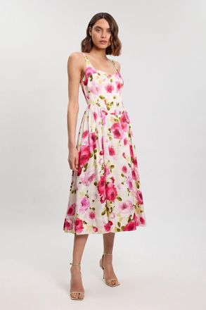Karen Millen Womens Scattered Floral Cotton Poplin Boned Detail Woven Maxi Prom Dress - Size 16 UK