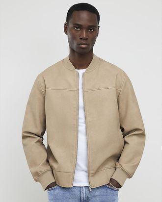 River Island Mens Bomber Jacket Beige Faux Leather Long Sleeve - Stone Pu - Size X-Large