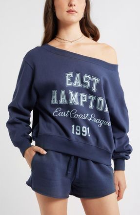 BP. Off the Shoulder Fleece Graphic Sweatshirt in Navy- Blue Hampton at Nordstrom, Size Xx-Small