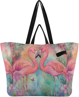 Generic Flamingo Plants Pink print Reusable Canvas Tote Bag, Heavy Duty Grocery Shopping Bag with Large Capacity Hard Bottom Double Handles Work Groceries Tra