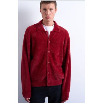 Topman Fluffy Collared Cardigan in Burgundy at Nordstrom, Size Xx-Large