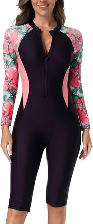 Generic Women Boyleg One Piece Swimsuit Wetsuit Sport Swimming Costume Sun Protection Modest Swimwear Rash Guard Set Zip Long Sleeve One Piece Long Surfing Ba