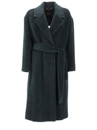 Palt&ograve; Textured Herringbone Coat with Wide Lapel and Cinched Waist