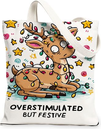 Generic Holiday Reindeer Canvas Tote Bags, Cute Animal Design Lightweight Washable Reusable Grocery Bags for Christmas Shopping Tra, White, 13x15 Inch