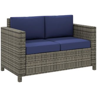 OUTSUNNY Rattan Wicker 2-seat Sofa Loveseat Padded Garden Furniture - Navy blue | TJ Hughes
