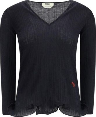 Fendi Womens Ribbed Vneck Long Sleeve Top - Black Viscose - Size Medium