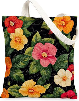 Generic Spring Lmpatiens Flower Canvas Tote Bag for Shopping 13x15, Vintage Retro Florals Reusable Grocery Print Bag for Women, Fun Aesthetic Beach Aesthetic 