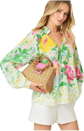 Lilly Pulitzer Renisha Long Sleeve Top Womens Clothing Poppy Party Engineered Woven Top : XS, Cotton/Viscose