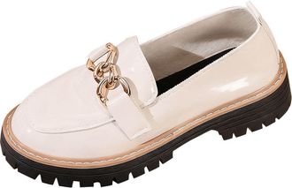 Generic Loafers for Women Slip On Chunky Heeled Shoes Solid Color Casual Patent Leather Non-Slip Comfortable Classic Pumps Shoes Business Work Party Beige