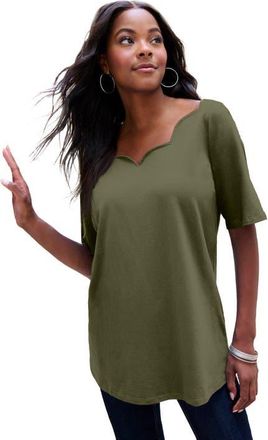 Roaman's Plus Size Ultimate Scalloped Neck Tee in Dark Olive Green at Nordstrom, Size 24