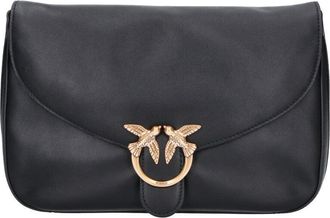 Pinko Black Leather Love Birds Flap Shoulder Bag