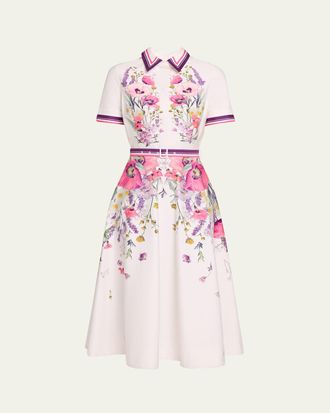 Teri Jon Belted Floral-Print Cotton Midi Shirtdress