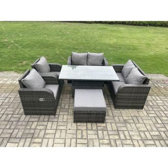 Fimous Rattan Furniture Outdoor Garden Dining Set Patio Height Adjustable Rising lifting Table Love Sofa Chair With Big Footstool - Fimous