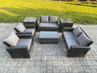 Fimous Garden Furniture Sets 7 Pieces Outdoor Rattan Furniture Manual Wicker Patio Sofa Chair Set with Coffee Table 2 Side Tables in Dark Grey