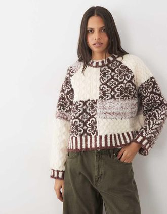 Pieces premium maglione patchwork lavorato a maglia testurizzato marrone