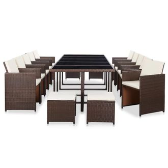 vidaXL Set Comedor De Jard&iacute;n 15 Pzas Y Cojines Rat&aacute;n Sint&eacute;tico Marr&oacute;n Vidaxl