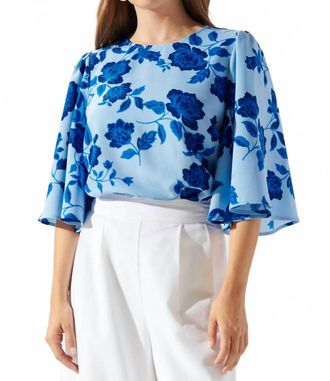 Sugarlips Skyline Floral Flutter Sleeve Top In Blue Navy