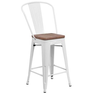 Flash Furniture 24 High White Metal Counter Height Stool with Back and Wood Seat
