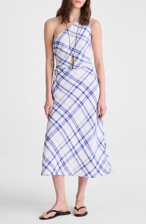 Madewell Ruched One-Shoulder Linen Midi Dress in Oversized Blue White Plaid at Nordstrom, Size 00