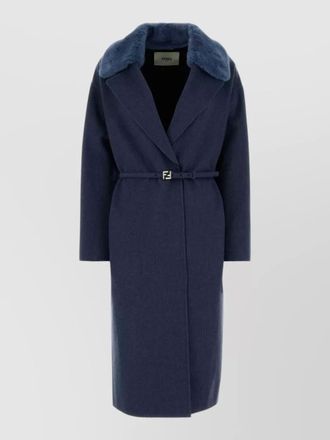 Fendi stretch cashmere coat belted waist fur collar