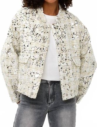 Esqualo Sonja Sequin Bomber Jacket In Off-White And Silver