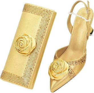 Generic Women Handmade Flower Rhinestone Shoes and Bag Set Nigerian Style Business Party Office Suit