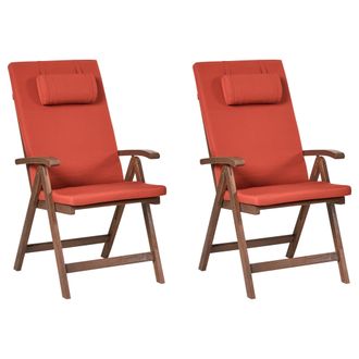 Beliani Conjunto De 2 Sillas De Jard&iacute;n R&uacute;sticas De Madera De Acacia Natural Ajustables Plegables Con Reposabrazos Cojines Rojos Amantea Premium
