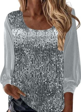 Generic Glitter Tops for Women Velvet Long Sleeve Sequin Blouses Loose Tunic Shirt U Neck Sparkle Dance Party Tops Elegant Evening Top for Women Solid Color C