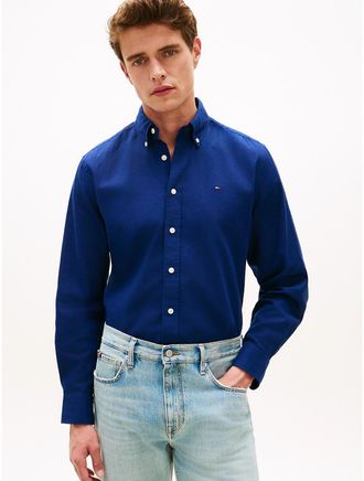 Tommy Hilfiger Mens Regular Fit Dyed Cotton-Linen Shirt - Navy - XXL