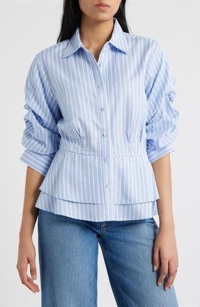 Wit & Wisdom Pinstripe Button-Up Tiered Peplum Shirt in Oxford Blue/Off White at Nordstrom, Size X-Small