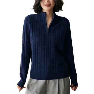 Dissa Women Cashmere Jumper Dark Blue Mock Neck Knitted Jumper Long Sleeve Fitted Cashmere&Wool Thick Cable Ladies Sweater,UK 8,MY25107