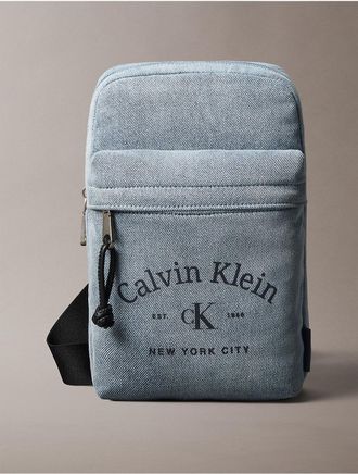 Calvin Klein Mens Denim Arch Logo Sling Bag - Blue