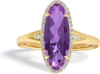 House of Brilliance 10K Yellow Gold Purple Oval Amethyst and 1/6 Cttw Diamond Halo Cocktail Ring