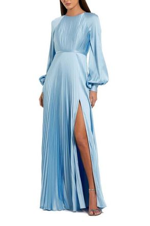 Mac Duggal Pleated High Neck Raglan Long Sleeve Side Slit Gown in Ice Blue at Nordstrom, Size 18
