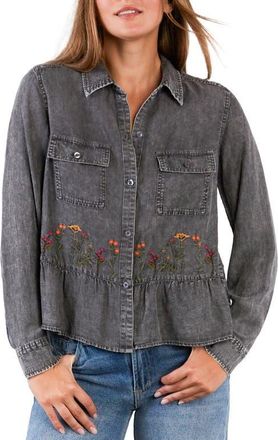 BILLY T Life is a Flower Embroidered Button-Up Shirt in Grey Wash at Nordstrom, Size X-Large