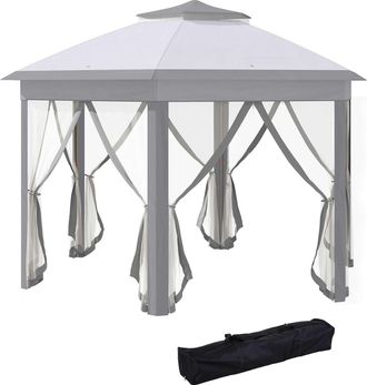 OUTSUNNY 4x4m Hexagon Gazebo with Metal Frame Mesh Curtains Outdoor Garden